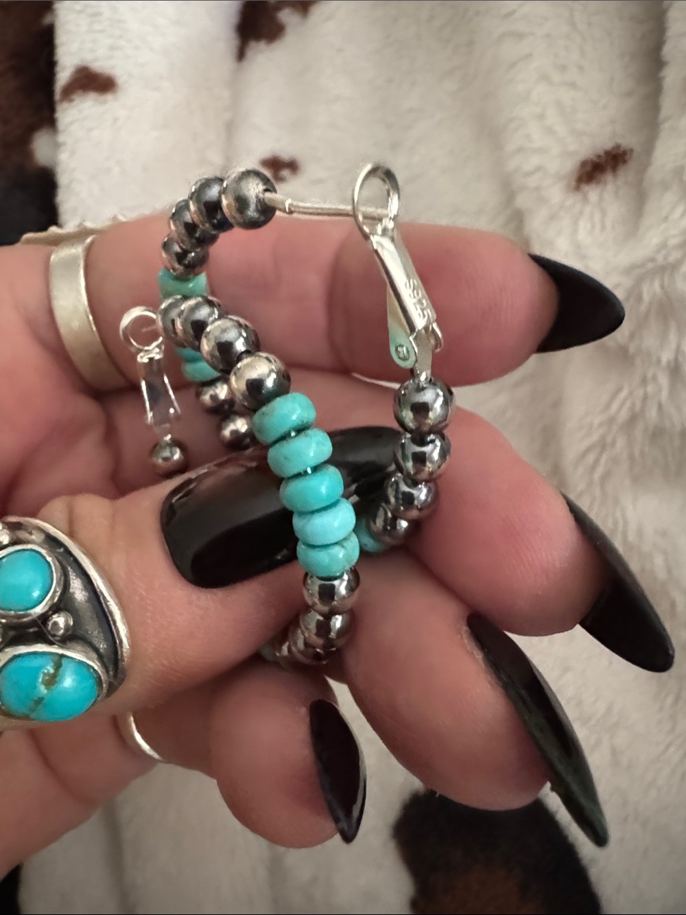 Turquoise Beaded 925 Silver Hoop Earrings - Women Jewelry - Picture 4 of 4